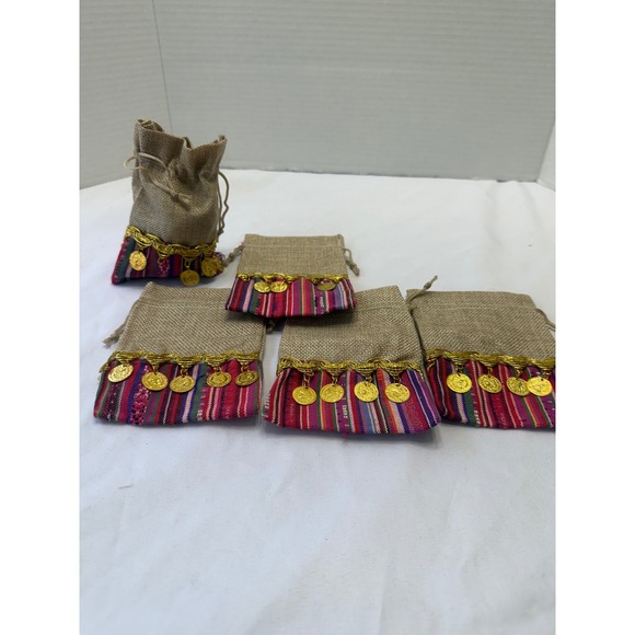Set of 12 Henna Jute Drawstring Pouches with Decorative Coins and Colorful Trim - Picture 12 of 12